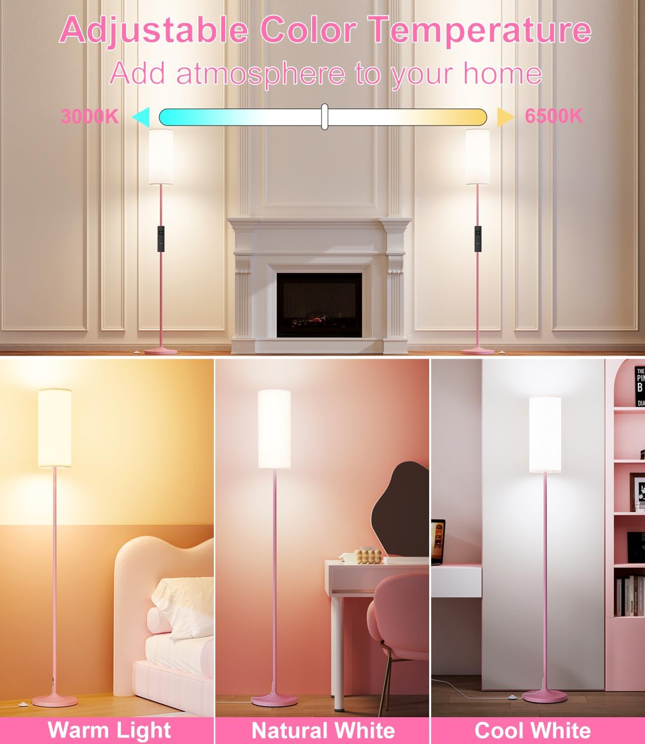 luckystyle LED Floor Lamp for Living Room, Dimmable Tall Lamps with Foot Switch, Remote Custom Color Temperature Pink Pole Lamp with…