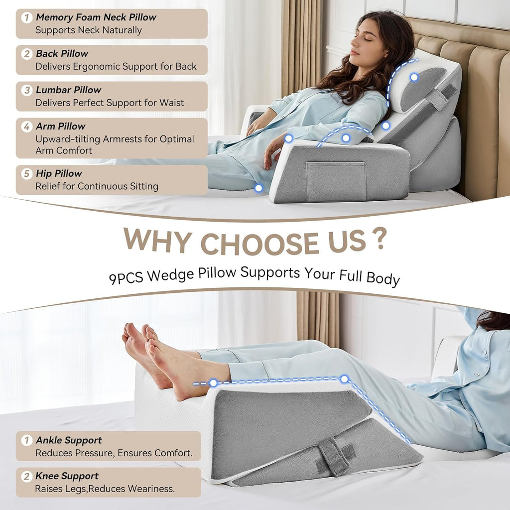 Yojoker 9PCS Orthopedic Bed Wedge Pillow Set for Sleeping, Back and Leg, Post Surgery Foam Pillow for Body, Triangle Adjustable Support Pi…