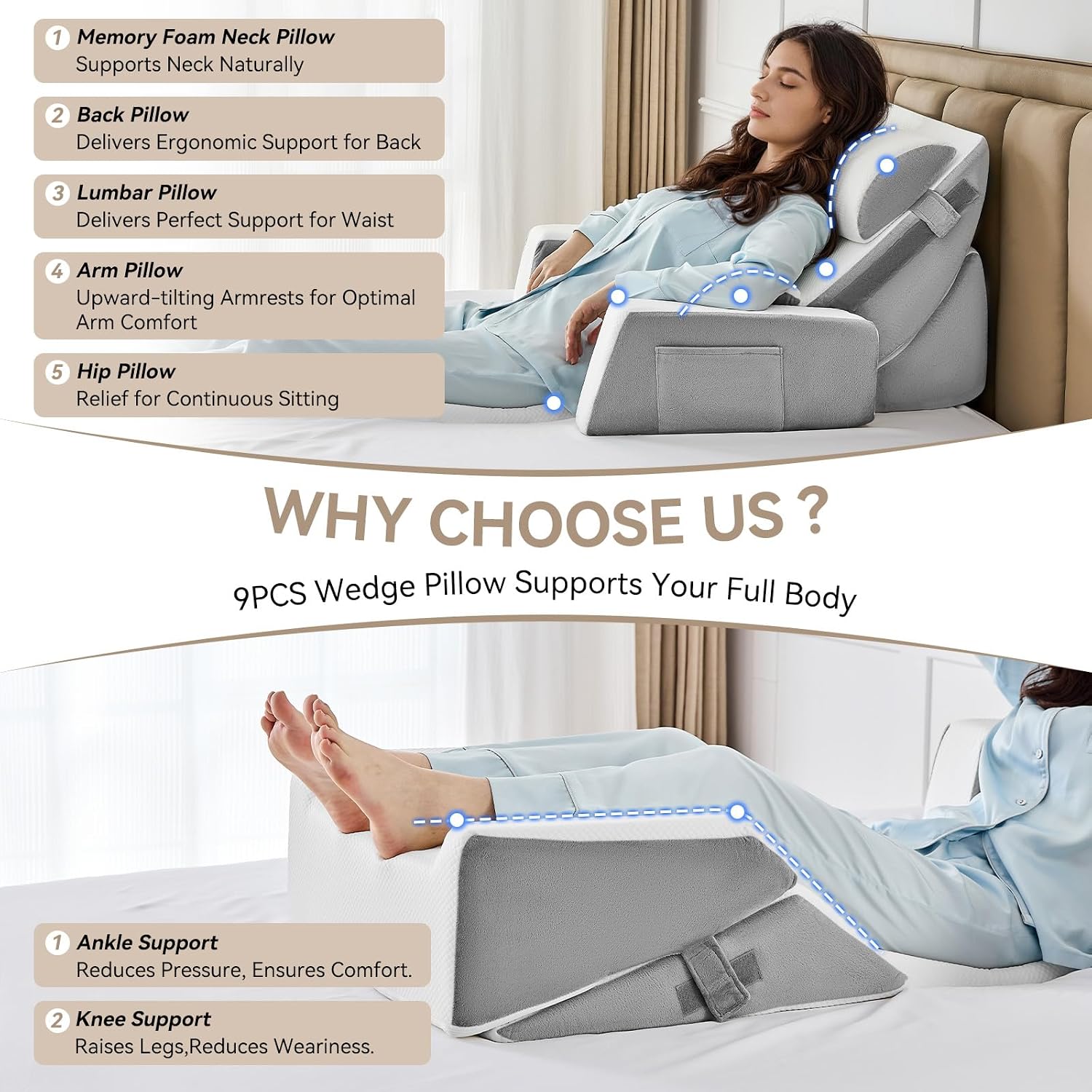 Yojoker 9PCS Orthopedic Bed Wedge Pillow Set for Sleeping, Back and Leg, Post Surgery Foam Pillow for Body, Triangle Adjustable Support Pi…