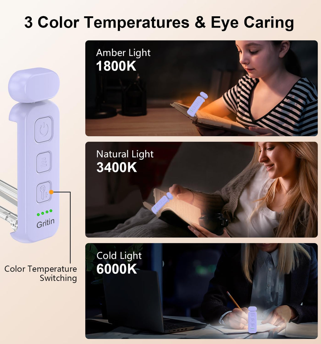 Gritin Reading Light, Book Light for Reading in Bed - Eye Caring 3 Colors, 5-Level Dimmable Brightness, Long Lasting, Compact Size…