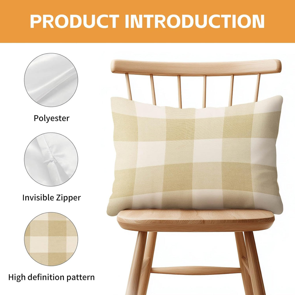 HOMETITUTE Plaid Pillow Covers Decorative Pack of 2 Satin 12x20 Inch Neutral Beige Buffalo Plaid Art Lumbar Throw Pillow Cases for Sofa…