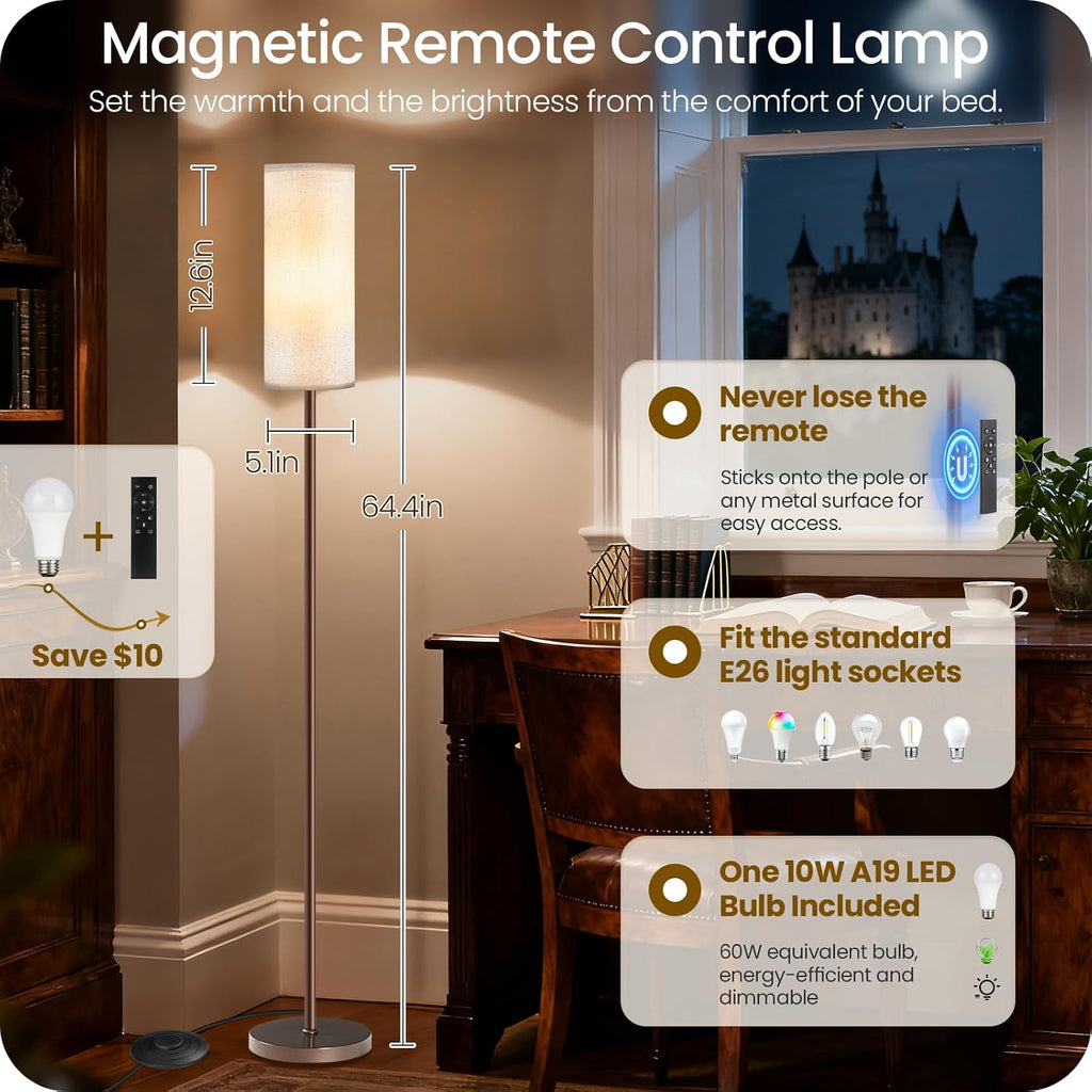Dimmable Floor Lamps for Living Room with Remote and Foot Switch, 64.4” Modern Standing Tall Lamp, Corner Lamp for Bedroom, Bulb…