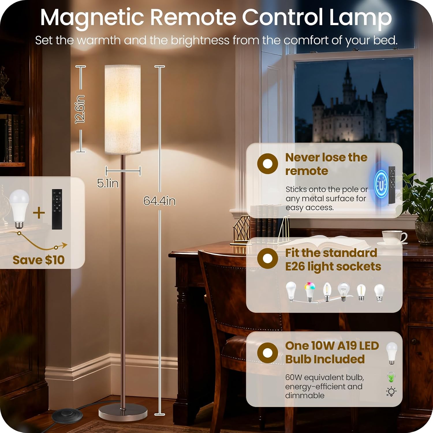 Dimmable Floor Lamps for Living Room with Remote and Foot Switch, 64.4” Modern Standing Tall Lamp, Corner Lamp for Bedroom, Bulb…
