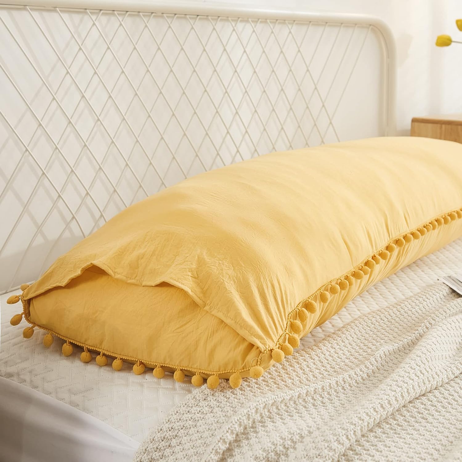 Moveover Yellow Body Pillow Cover Boho Body Pillow Cover Ginger Yellow Pom Poms Fringe Design Body Pillowcases 20x54 Inches Decorative Long…