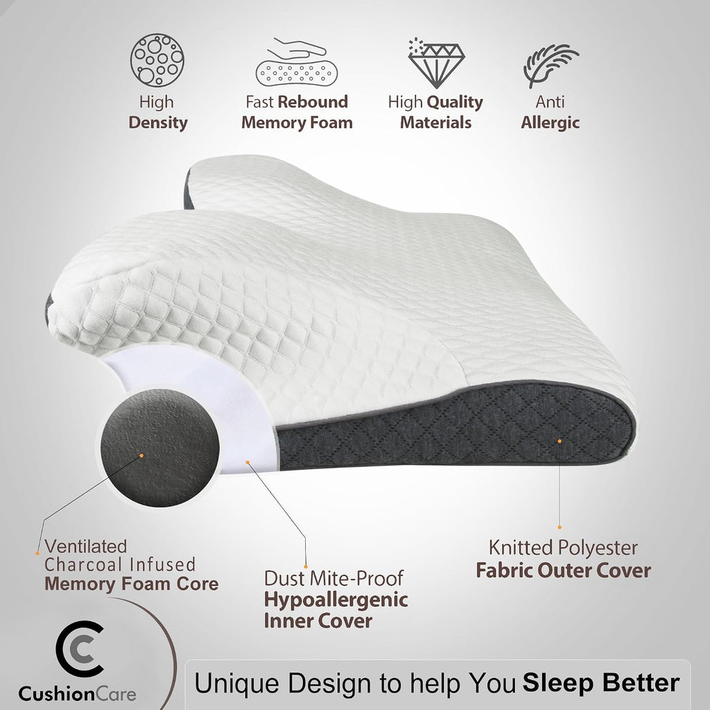 CushionCare Charcoal Pillow for Neck and Shoulder – Bamboo Charcoal Memory Foam Cervical Pillow with Orthopedic Contour Support & Ventilate…