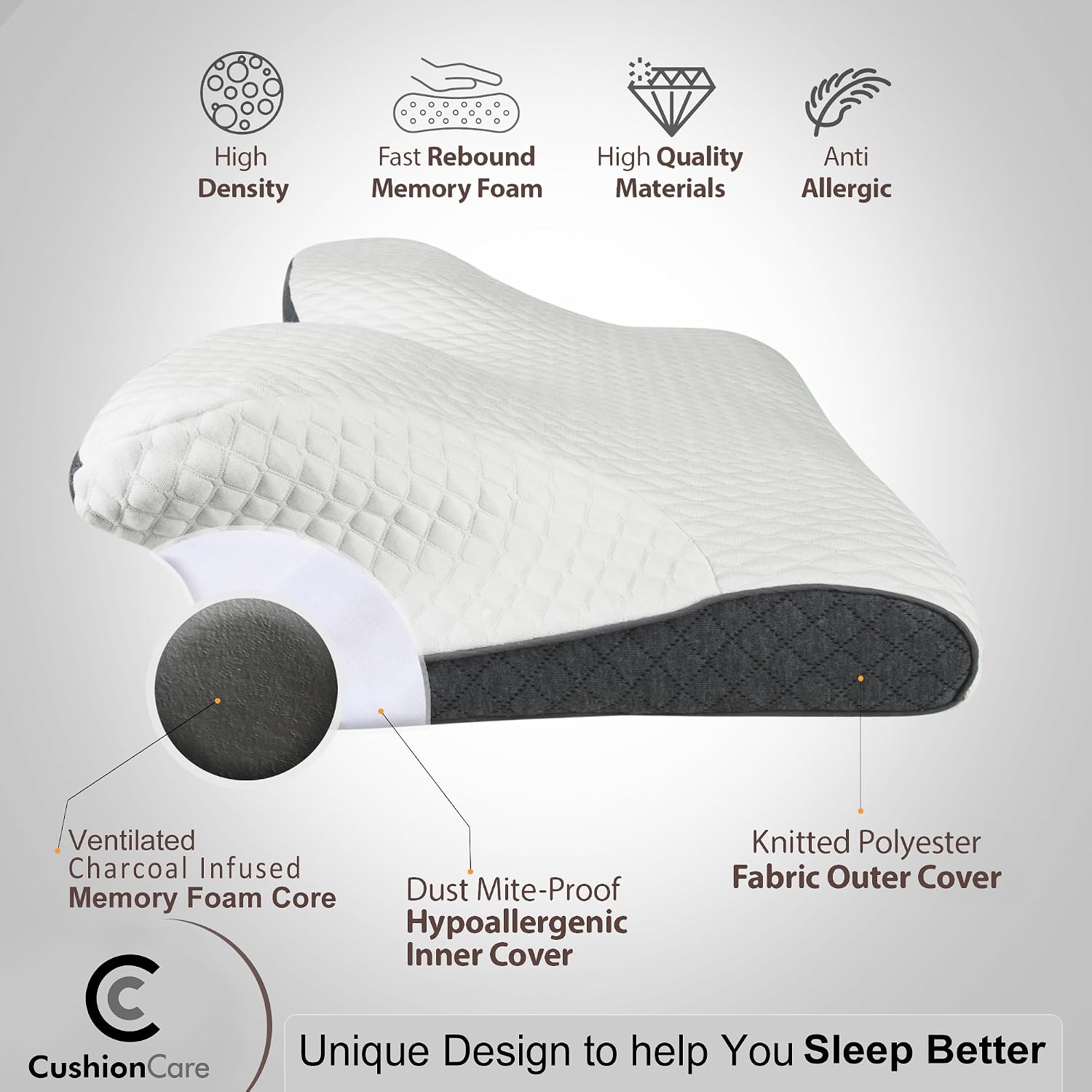 CushionCare Charcoal Pillow for Neck and Shoulder – Bamboo Charcoal Memory Foam Cervical Pillow with Orthopedic Contour Support & Ventilate…