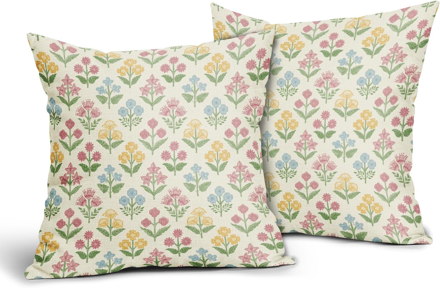 Spring Floral Block Print Pillow Covers 24x24 Inch Set of 2, Easter Decoration Pink Yellow Blue Flower Decorative Throw Pillowcases…