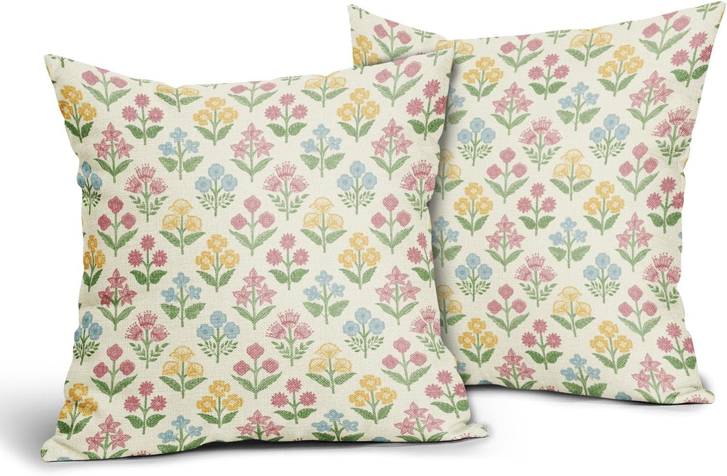 Spring Floral Block Print Pillow Covers 18x18 Inch Set of 2, Easter Decoration Pink Yellow Blue Flower Decorative Throw Pillowcases…