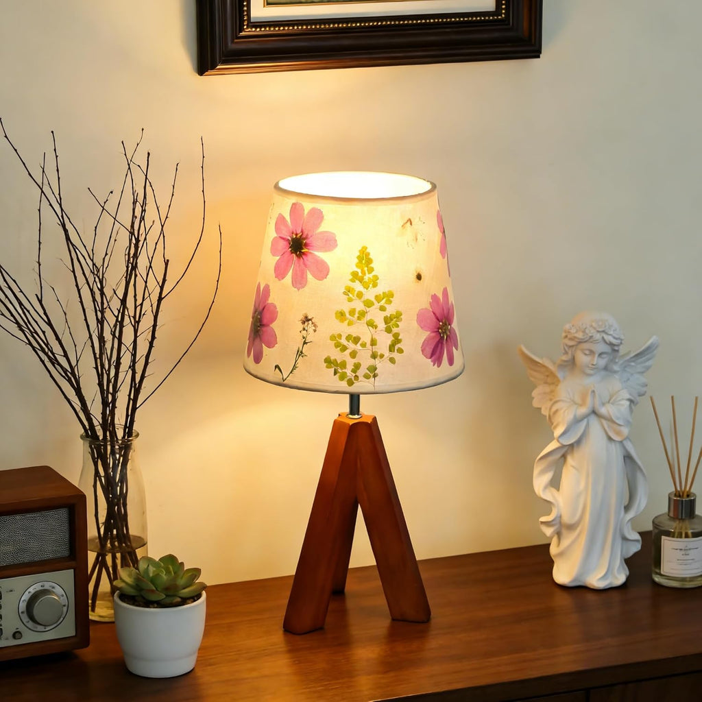 Dried Flowers Tripod Table Lamp 14.17in, 9W LED Dimmable Cute Bedside Lamp with Flowers Linen Lampshade for Nursery, Bedroom, Kid Room…