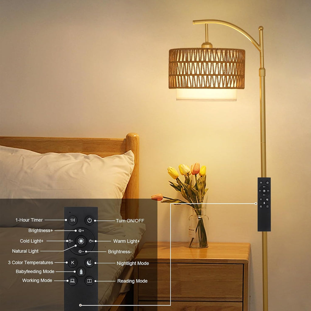 Gold Floor Lamps for Living Room with Remote & Dimmable LED Bulb, Modern Arc Floor Lamp with 3 Color Temperatures, Boho Standing Lamp…