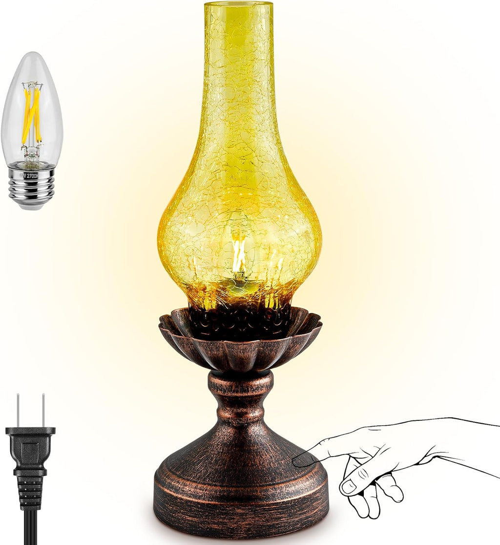 Vintage Table Lamp, Touch Control & 3-Way Dimmable Rustic Retro Farmhouse Bedside Lamp with Amber Glass Shade and LED Bulb for Bedroom…