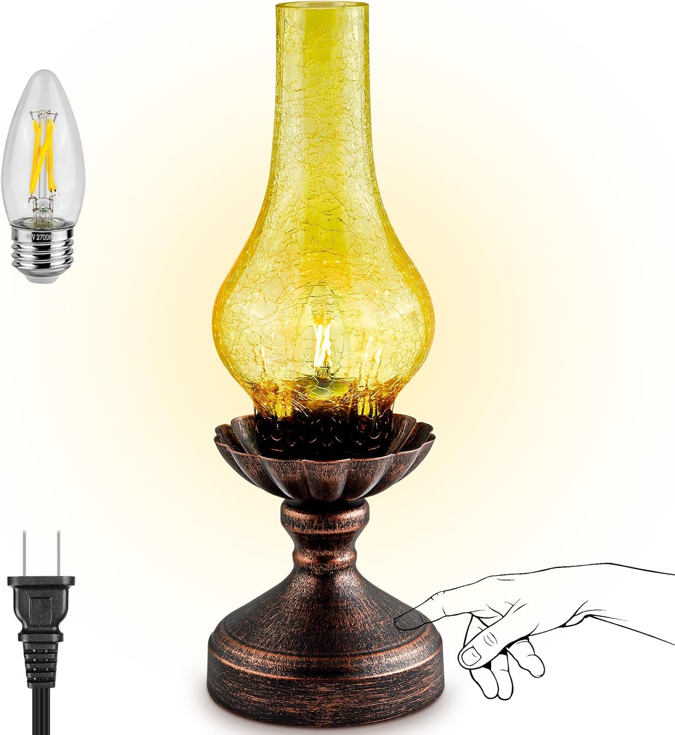 Vintage Table Lamp, Touch Control & 3-Way Dimmable Rustic Retro Farmhouse Bedside Lamp with Amber Glass Shade and LED Bulb for Bedroom…