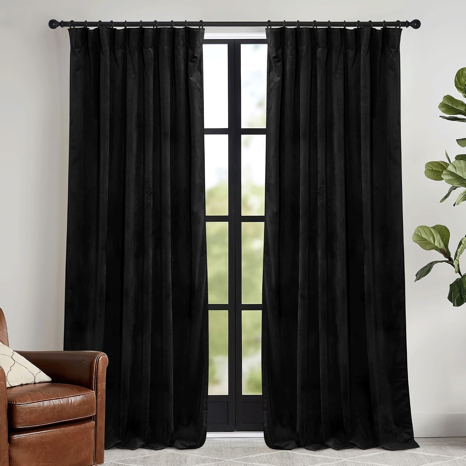 Rybhome RYB HOME Velvet Blackout Curtains for Bedroom - Black Super Soft Room Darkening Thermal Insulating Window Drapes for Living Room Di…