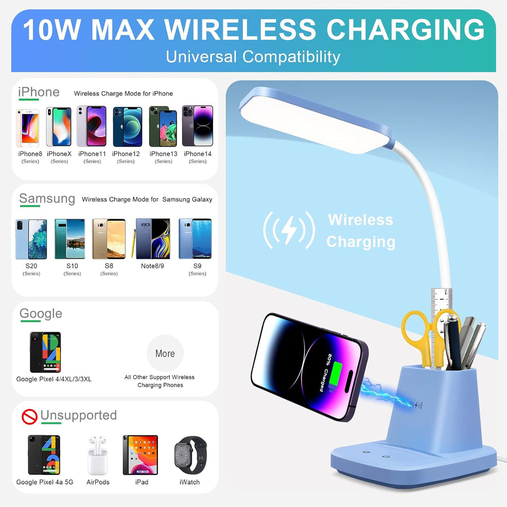 Small Desk Lamp, Blue Desk Lamp with Pen Holder, Wireless Charger LED Desk Lamps for Home Office, 800LM Flexible Arm 3 Modes Dimmable…
