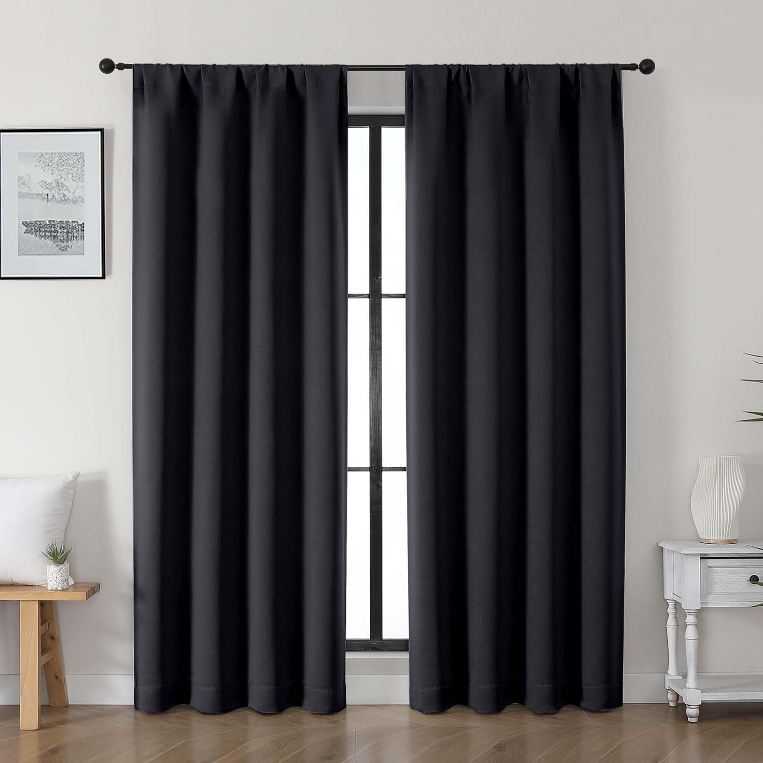 Gwine Black Blackout Curtains for Living Room 72 inches Long 2 Panels, Thermal Insulated Noise Reducing Window Treatment Curtains for…