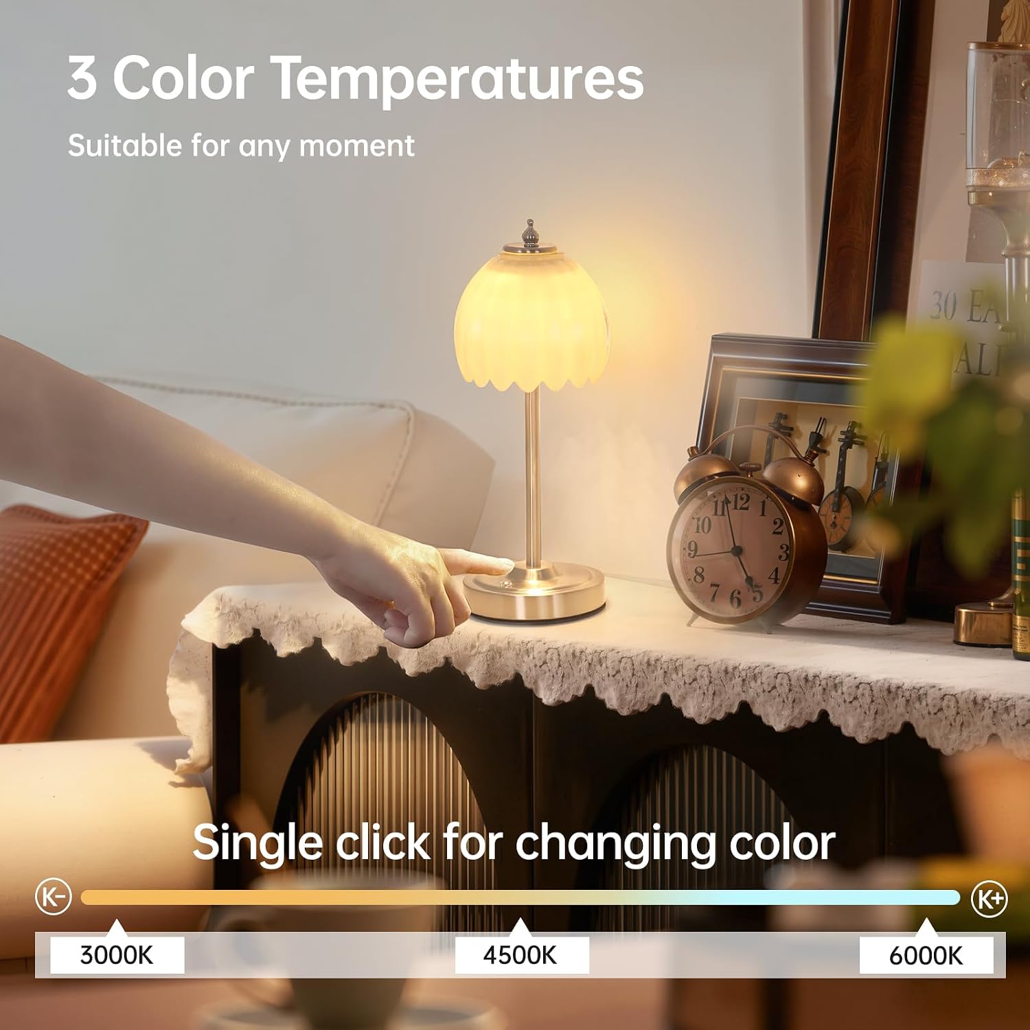 Shenmoyl Tulip Table Lamp with 5200mAh Battery & Touch Control, Cordless Small Table Lamp with 3 Colors, Dimmable Rechargeable Table…