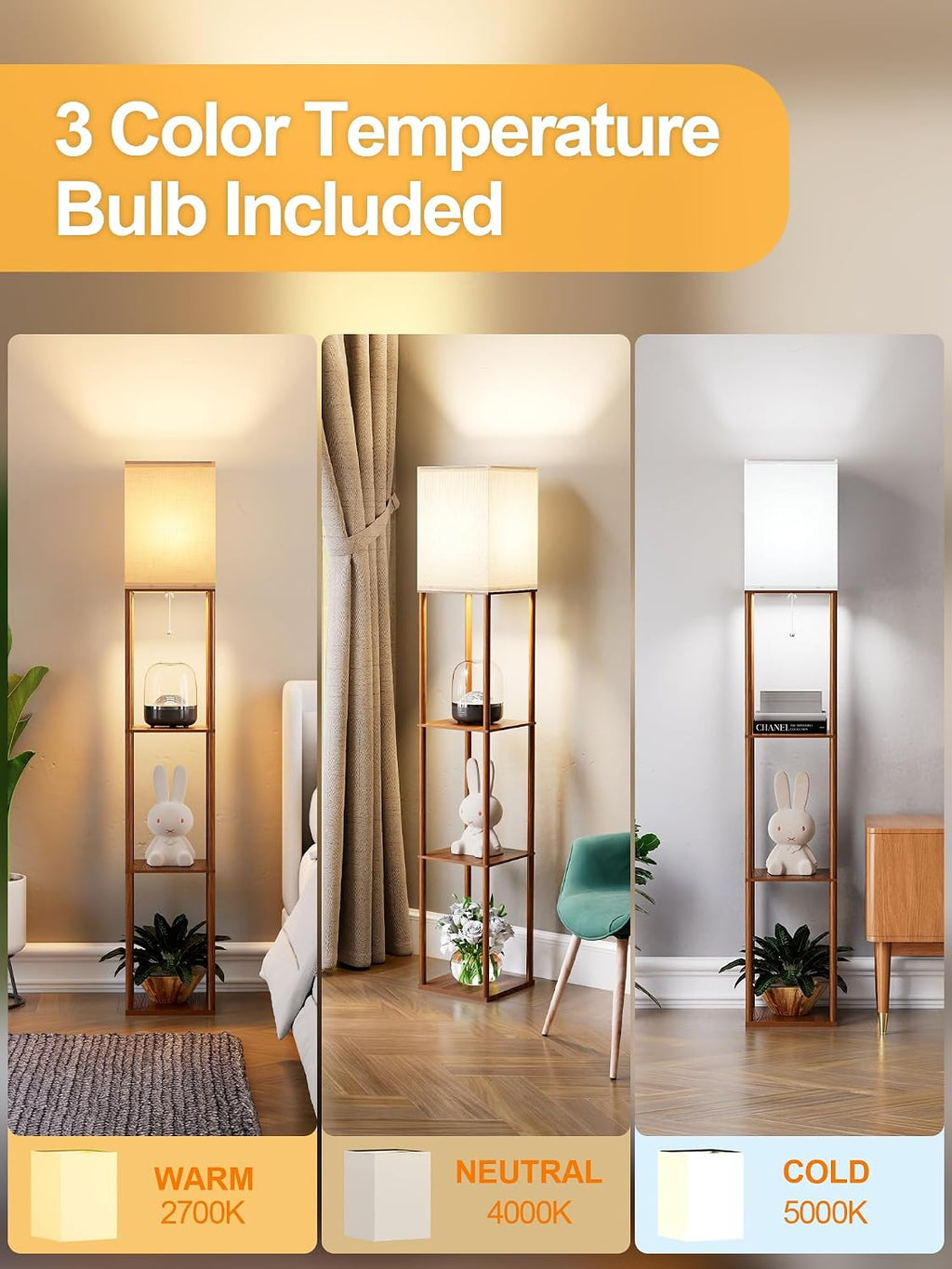 PARTPHONER Floor Lamp with Shelves for Living Room Walnut Brown 2 Pack, Shelf Floor Lamp with 3 CCT LED Bulb, Corner Display Standing…