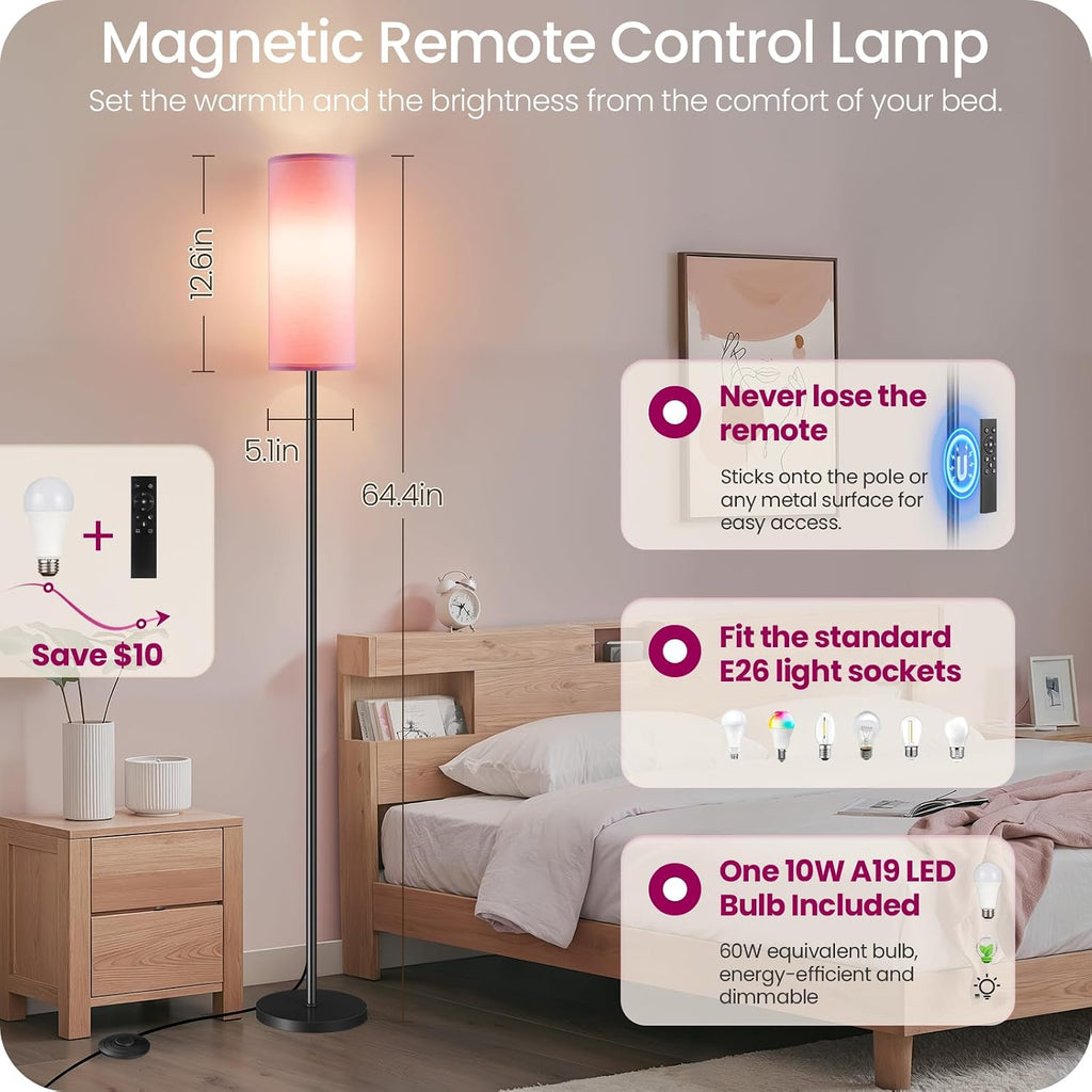 Dimmable Pink Floor Lamp for Living Room with Remote and Foot Switch, Corner Floor Lamp for Bedroom, 64.4" Standing Tall Lamp, 10W 900LM…