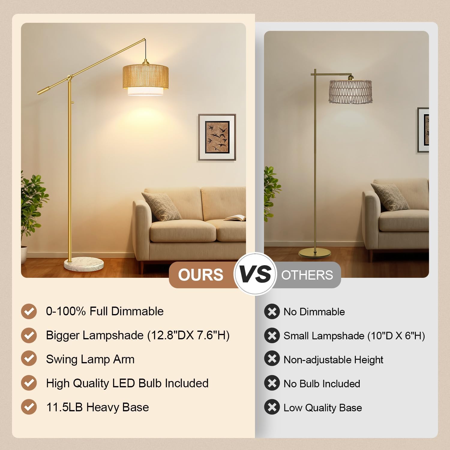 Upgraded】Arc Floor Lamp for Living Room, Boho Dimmable Swing Arm Floor Lamp with Rattan & Fabric Shades, Gold Rattan Standing Lamp with…
