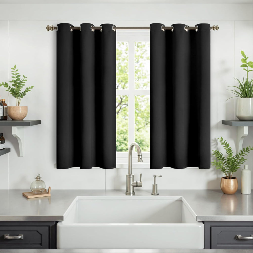 YoungsTex Black Kitchen Window Curtains 40 Inch Length - Short Thermal Insulated Blackout Drapes with Grommet for Small Bathroom Windows, 2…