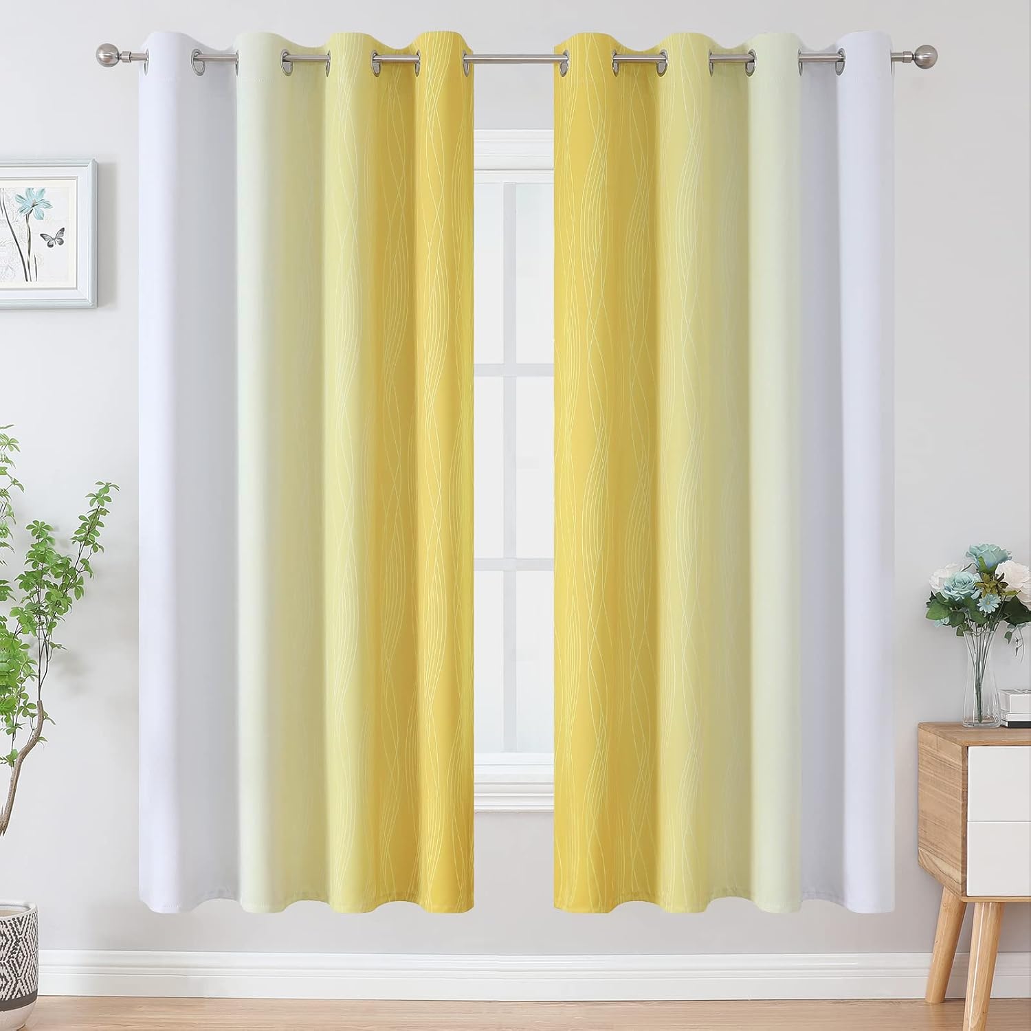 Estelartextiler Estelar Textiler Room Darkening Gradient Blackout Curtains 72 Inch Length 2 Panels Set, Ombre Yellow and Greyish White Ther…