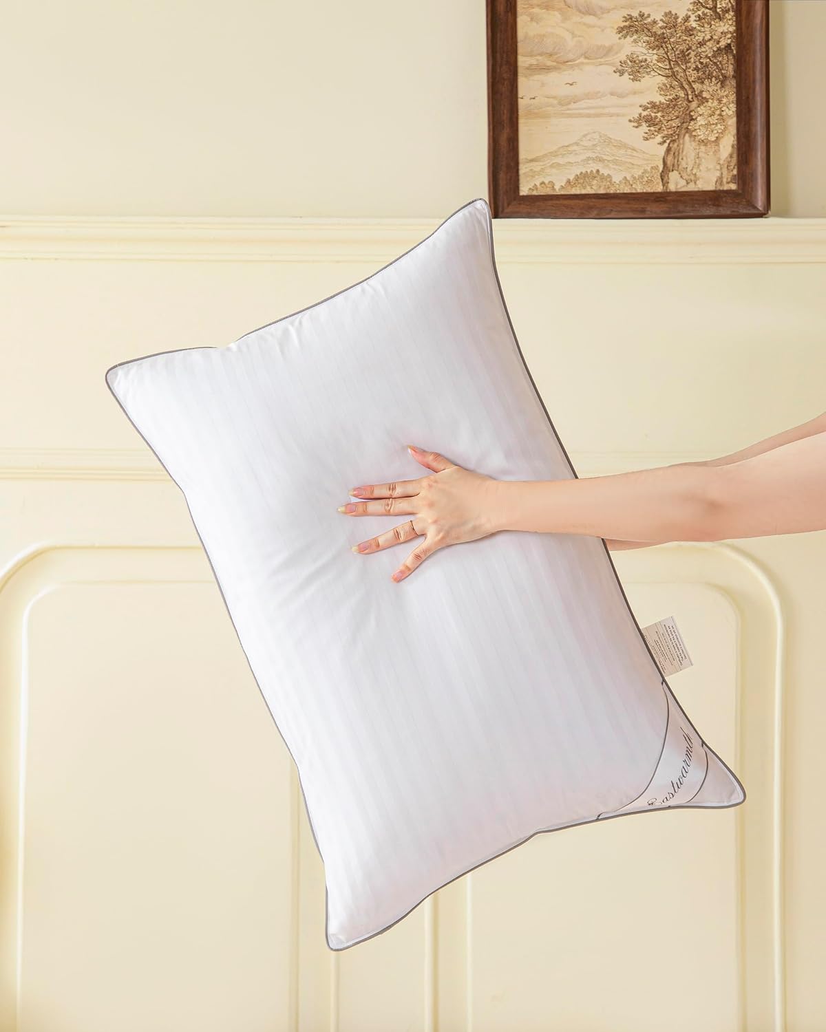 Goose Feather Down Bed Pillow for Sleeping, Hotel Collection Queen Size Soft Bed Pillow,100% Cotton Cover Queen Size Stripe White 1 Pack