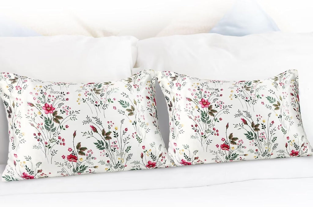 MANSPHIL Farmhouse Floral Silk Satin Pillow Cases Standard, Printed 22 Momme Mulberry Silk Top with Satin Underside Pillowcase for Hair…