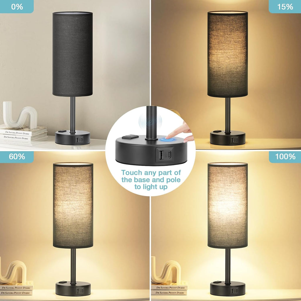 Fenmzee Black Bedroom Lamp for Nightstand - 3 Way Dimmable Bedside Lamp USB C A Charging Ports and AC Outlet, Small Table Lamp Black Base…