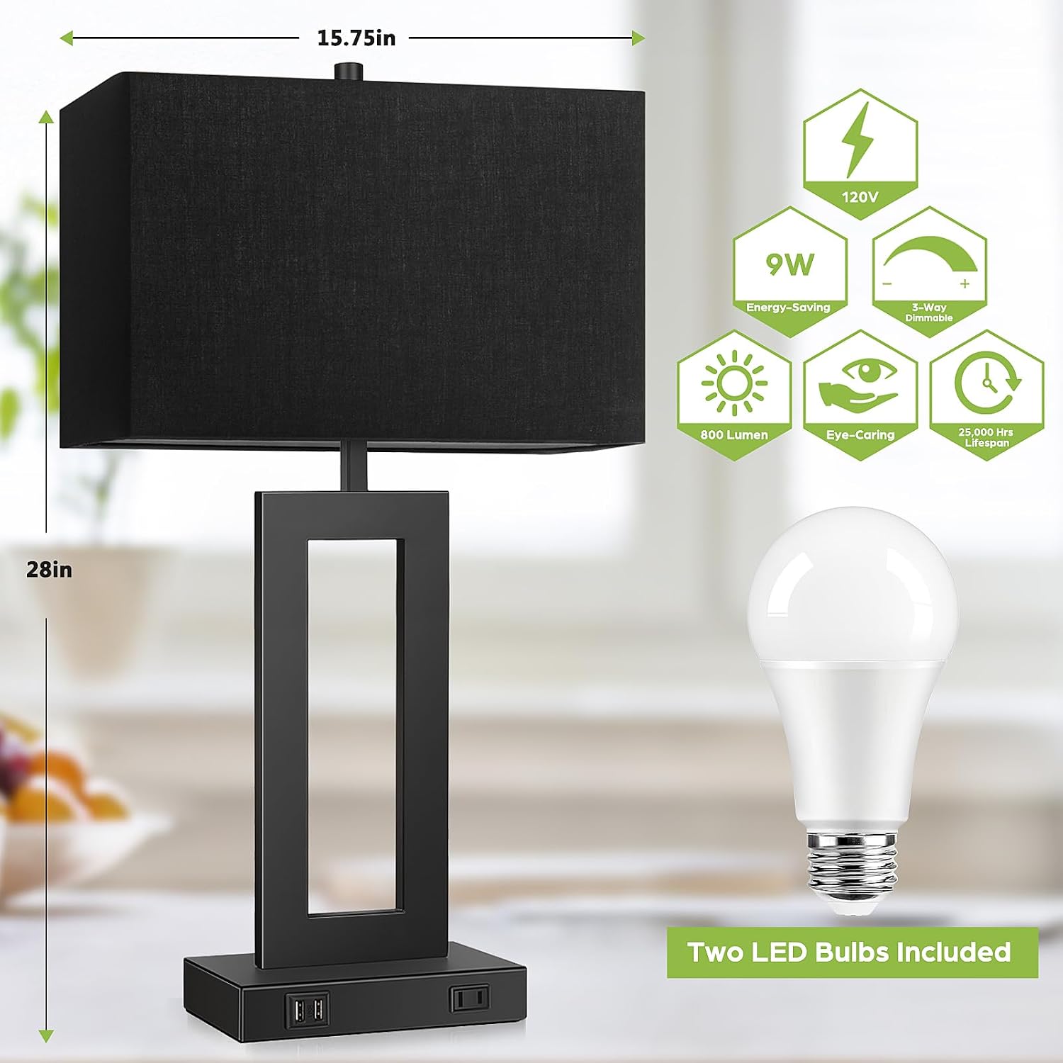 Tobusa 28’’ Tall Black Lamps for Living Rooms Set of 2, Modern Touch Control Table Lamps for Bedroom, 3 Way Dimmable Bedside Lamps with 2 U…