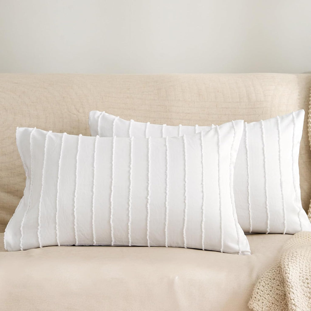 Jellymoni 2 Pack White Pillowcases 12" x20", Soft Microfiber Striped Tufted Pillow Covers(Pillows are not Included) 2 Pack 20 inches White
