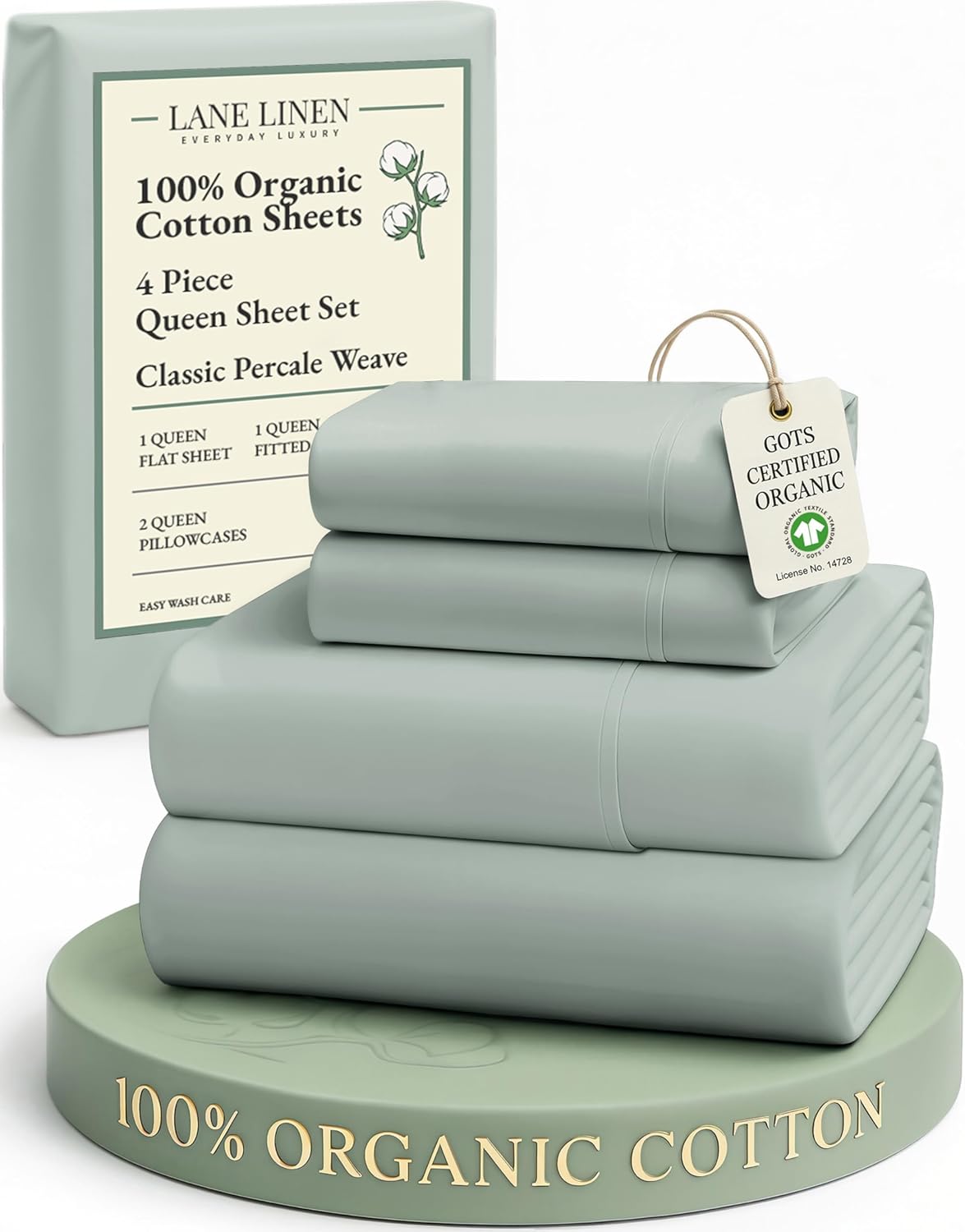 LaneLinen LANE LINEN 100% Organic Cotton Queen Sheets, Fully Elasticized Soft & Comfy Classic Percale Weave, Low Pill Fade Resistant Machin…