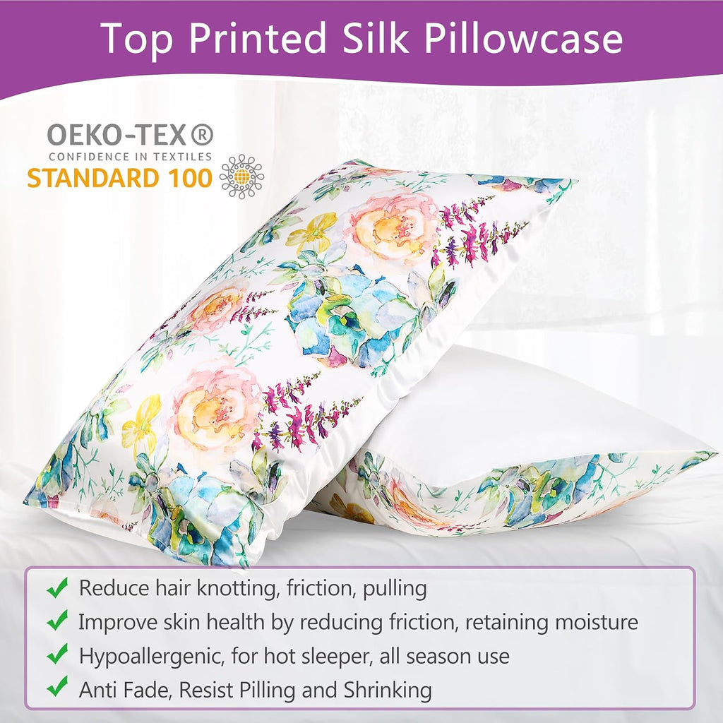 MANSPHIL Pink Blue Floral Silk Pillowcase King, Reversible Satin Pillow Cases for Hair and Skin Envelope Closure, 22 Momme 6A Grade 100%…