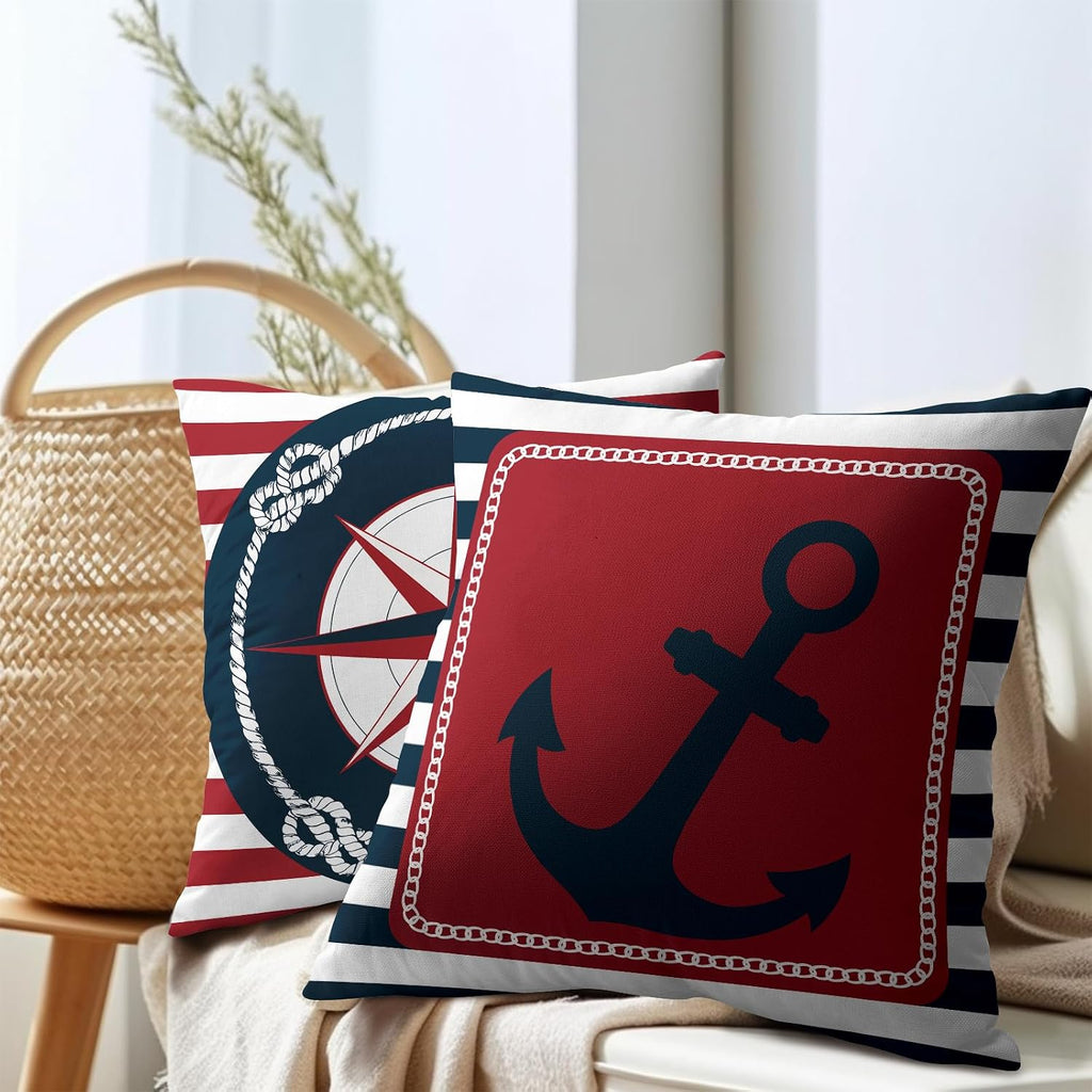 Anchor Compass Throw Pillow Cases Outdoor Nautical Pillow Covers Blue and White Stripes Decorative Cushion Cover 24x24 Inch Red and White…