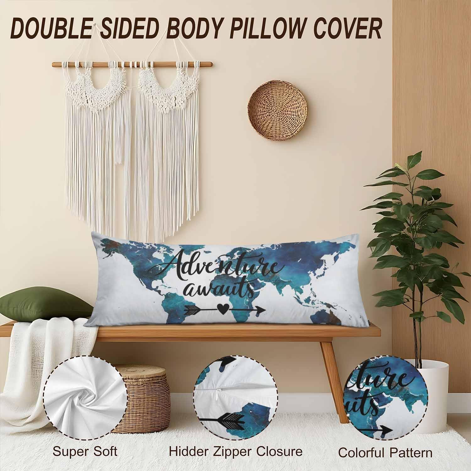 Body Pillowcases with Zipper Adventure Awaits, Cozy Body Pillow Covers Cushion Cover 20 X 54 Inch, Retro World Map Outdoor Body Pillow…
