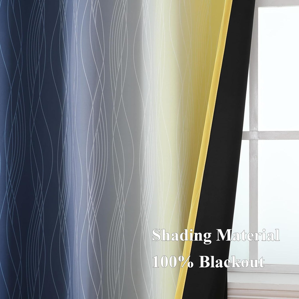 Estelartextiler Estelar Textiler Navy Blue and Yellow Blackout Curtains 54 Inch Length, Full Light Blocking Gradient Grommet Drapes for Liv…