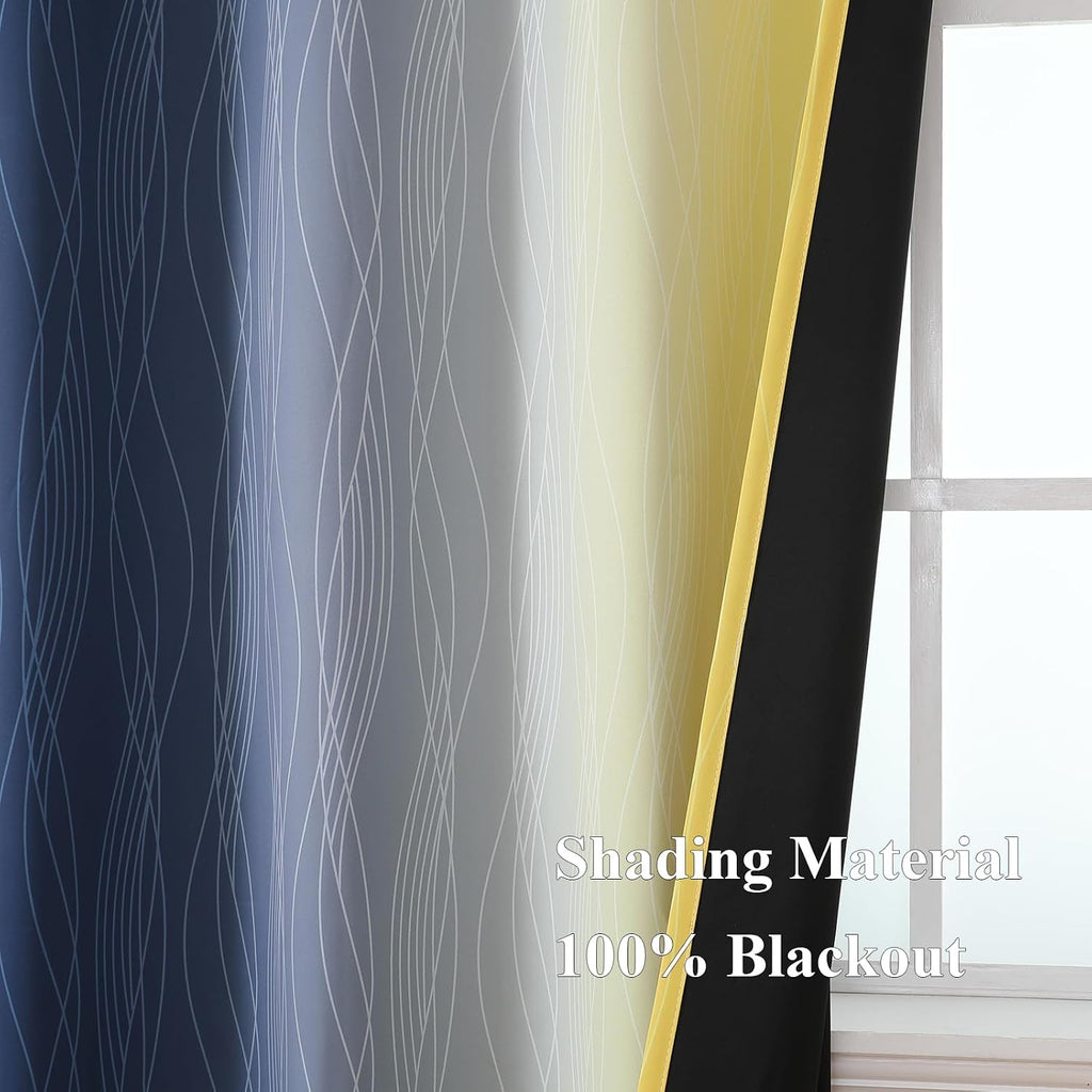 Estelartextiler Estelar Textiler Navy Blue and Yellow Blackout Curtains 63 Inch Length 2 Panels Set, Full Room Darkening Grommet Ombre Curt…