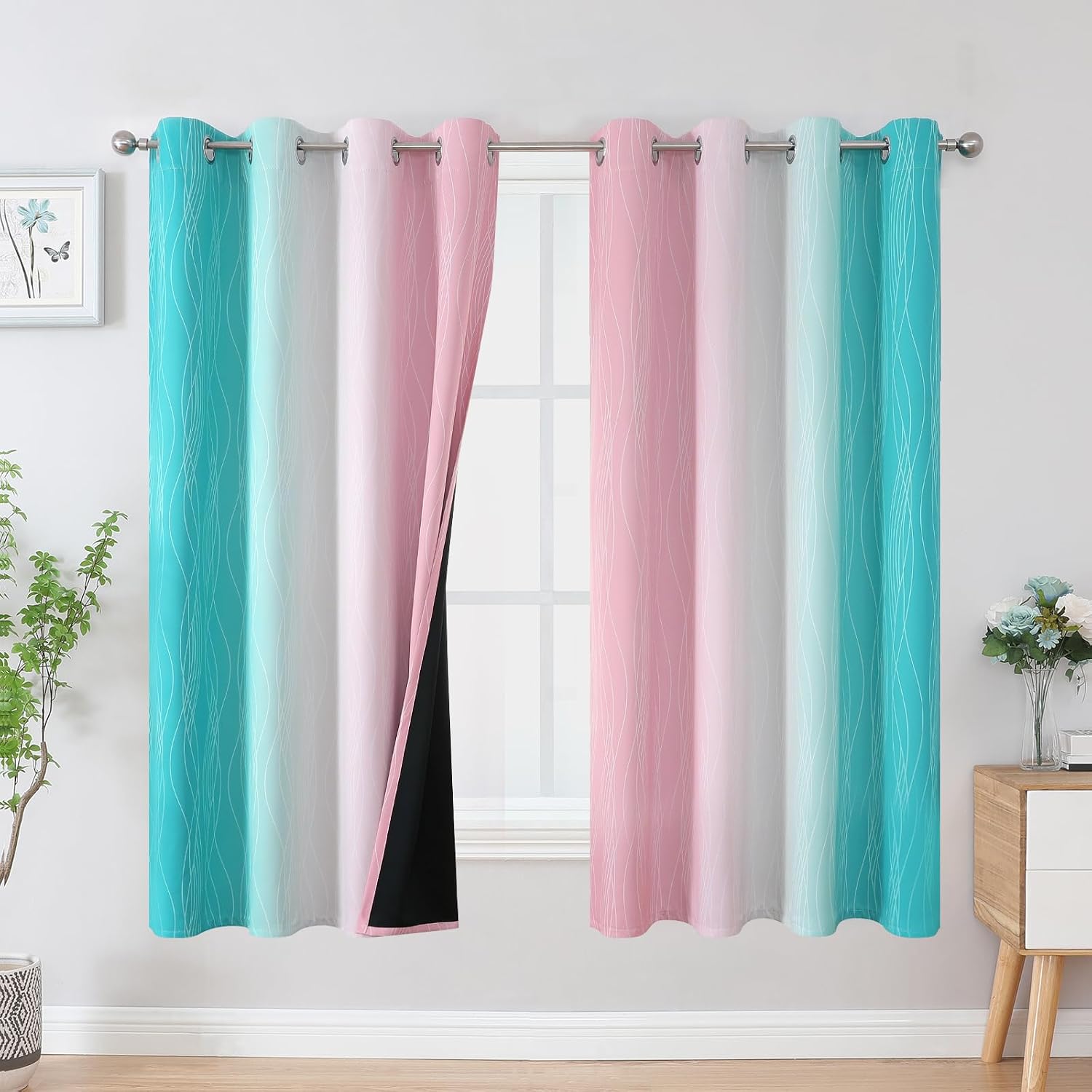 Estelartextiler Estelar Textiler Pink and Teal Blackout Curtains for Kids Room, Full Room Darkening Grommet Ombre Curtains for Bedroom, The…