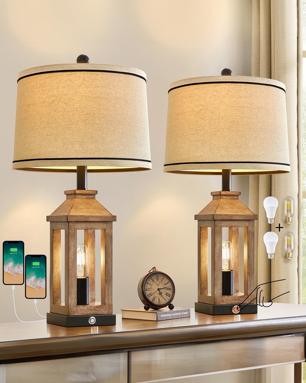 G-SAFAVA 23.75" Farmhouse Dual USB Charging Ports 3-Way Dimmable Touch Control Table Lamp with Nightlight Vintage Modern Lamps for Living…