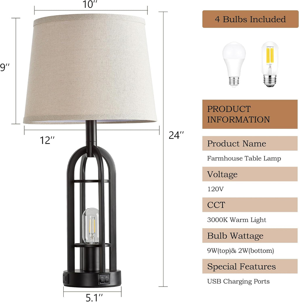 SRJJA Black Table Lamps for Living Room Set of 2 - Farmhouse Lamps for Night Stands with USB A+C, Bedside Lamps for Bedroom, 24''…