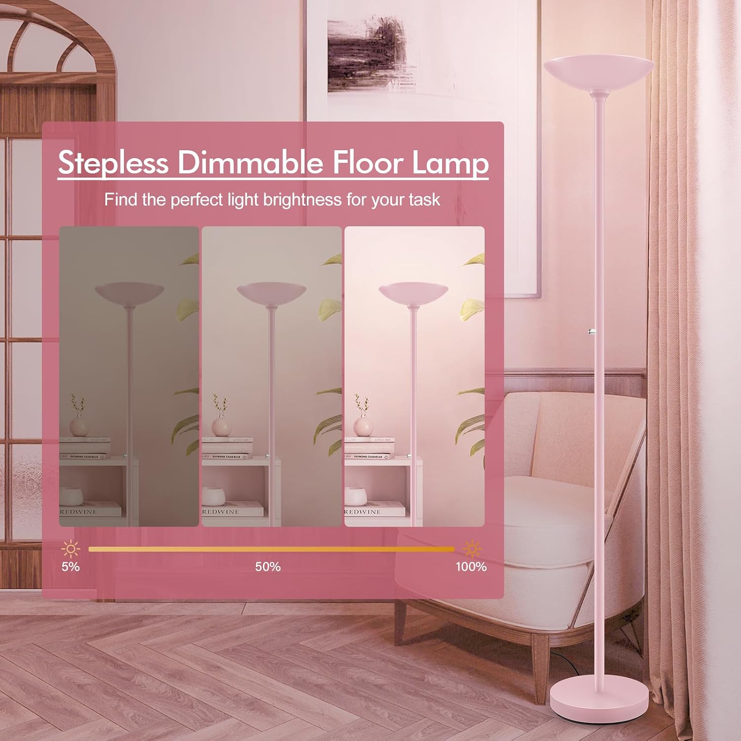 30W Pink Torchiere Floor Lamp, 3600LM Super Bright LED Pole Lamp, 71Inch Tall Stepless Dimmable Torch Lamp, 1Inch Thick Metal Tube…