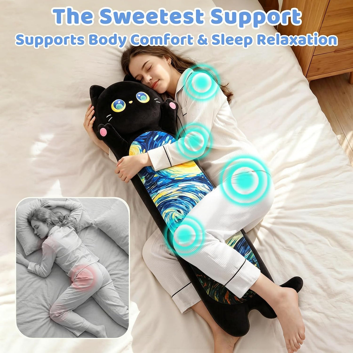 Mewaii Long Cat Plush 5 Sizes, 120% Extra Filling Giant Plushness Kids Body Pillow, Kawaii Cute Black Starry Cat Stuffed Animals…