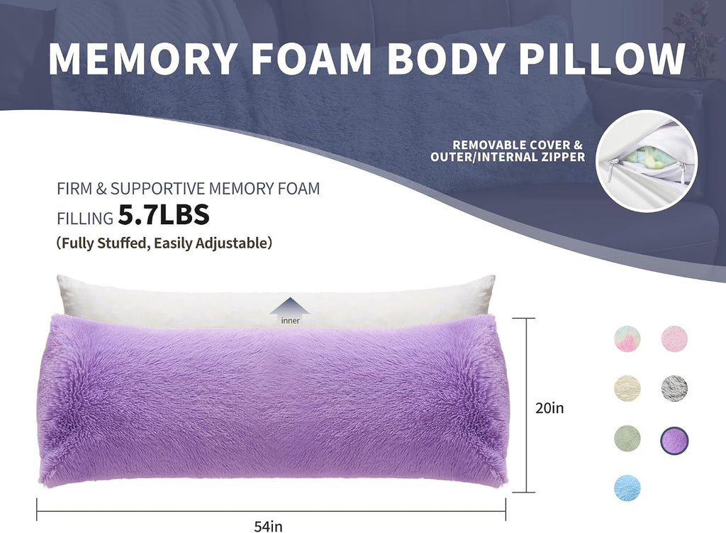 Wsofrlac Fluffy Silk Full Body Pillow for Adults 20x54 Satin Body Pillow Cover Pillowcase with Memory Foam for bed Purple Pregnancy Cuddle…