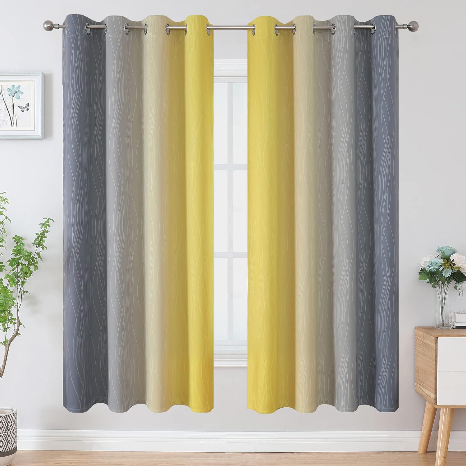 Estelartextiler Estelar Textiler Ombre Grey and Yellow Blackout Curtains 72 Inch Length 2 Panels, Full Light Blocking Curtains for Living R…