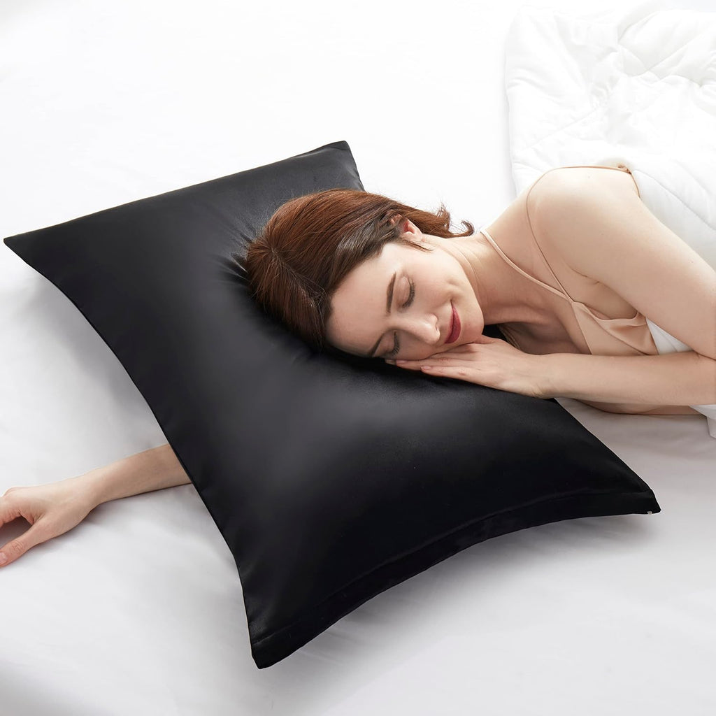 HommxJF Satin Pillowcases with Zipper (20x26), Standard Size Pillowcases Set of 2, Black Silk Pillowcase for Hair and Skin Black