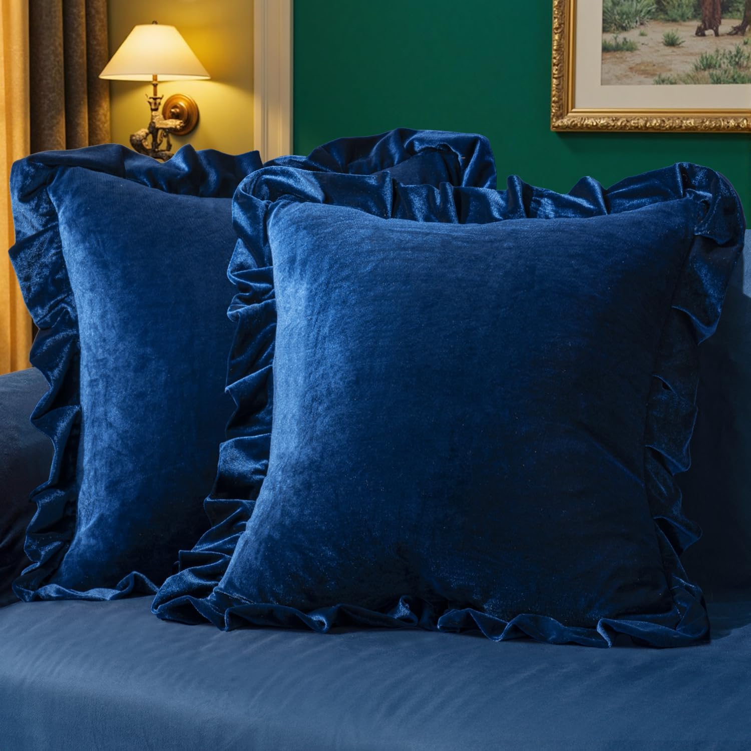 MIULEE Velvet Ruffle Throw Pillow Covers Soft Luxurious Navy Blue Pack of 2 20x20 Inch Square Cushions Vintage Gothic Decorative Ruffled…