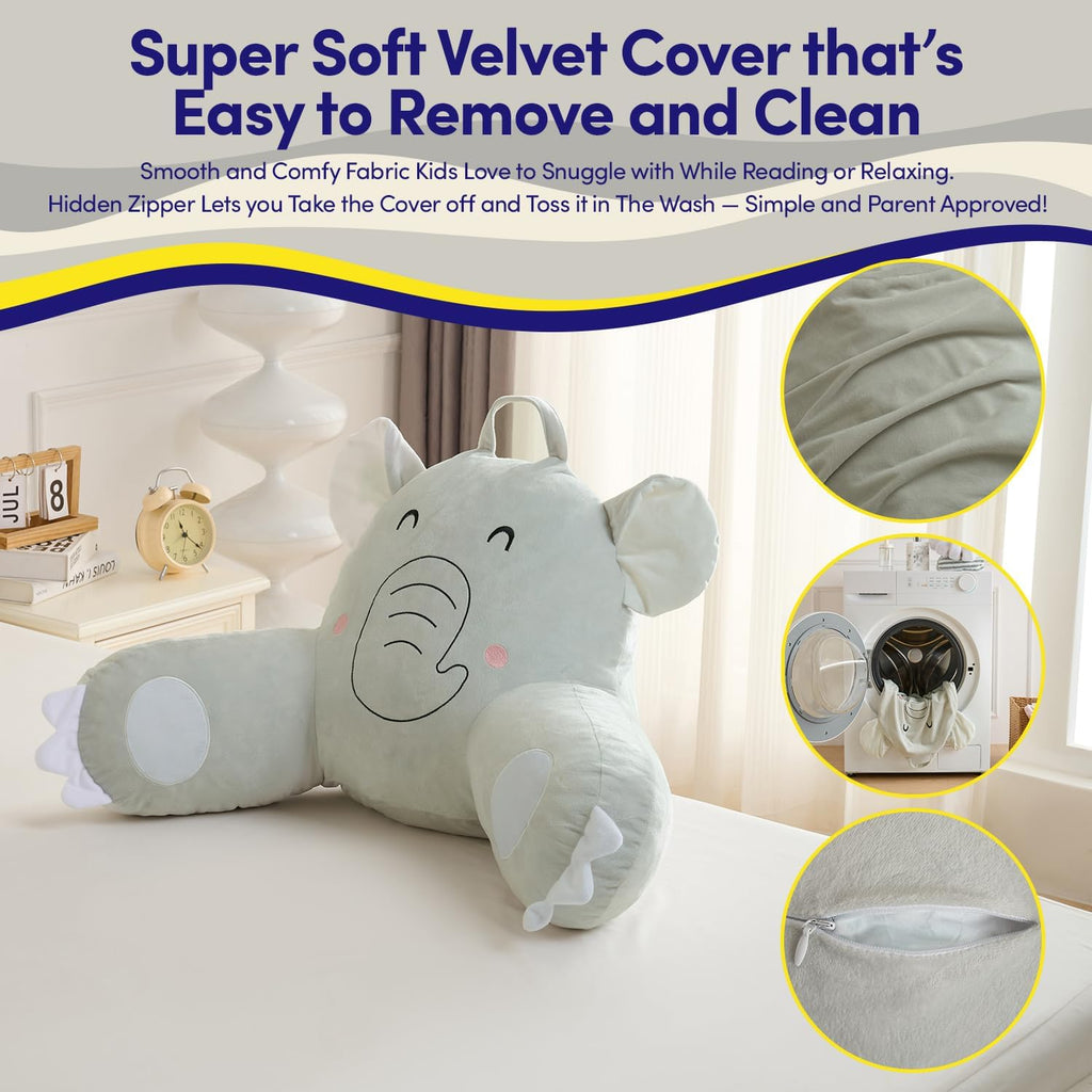 Elephant Reading Pillow for Kids & Teens with Shredded Memory Foam – Soft Velvet Lounger with Fun Character Designs, Removable Washable…