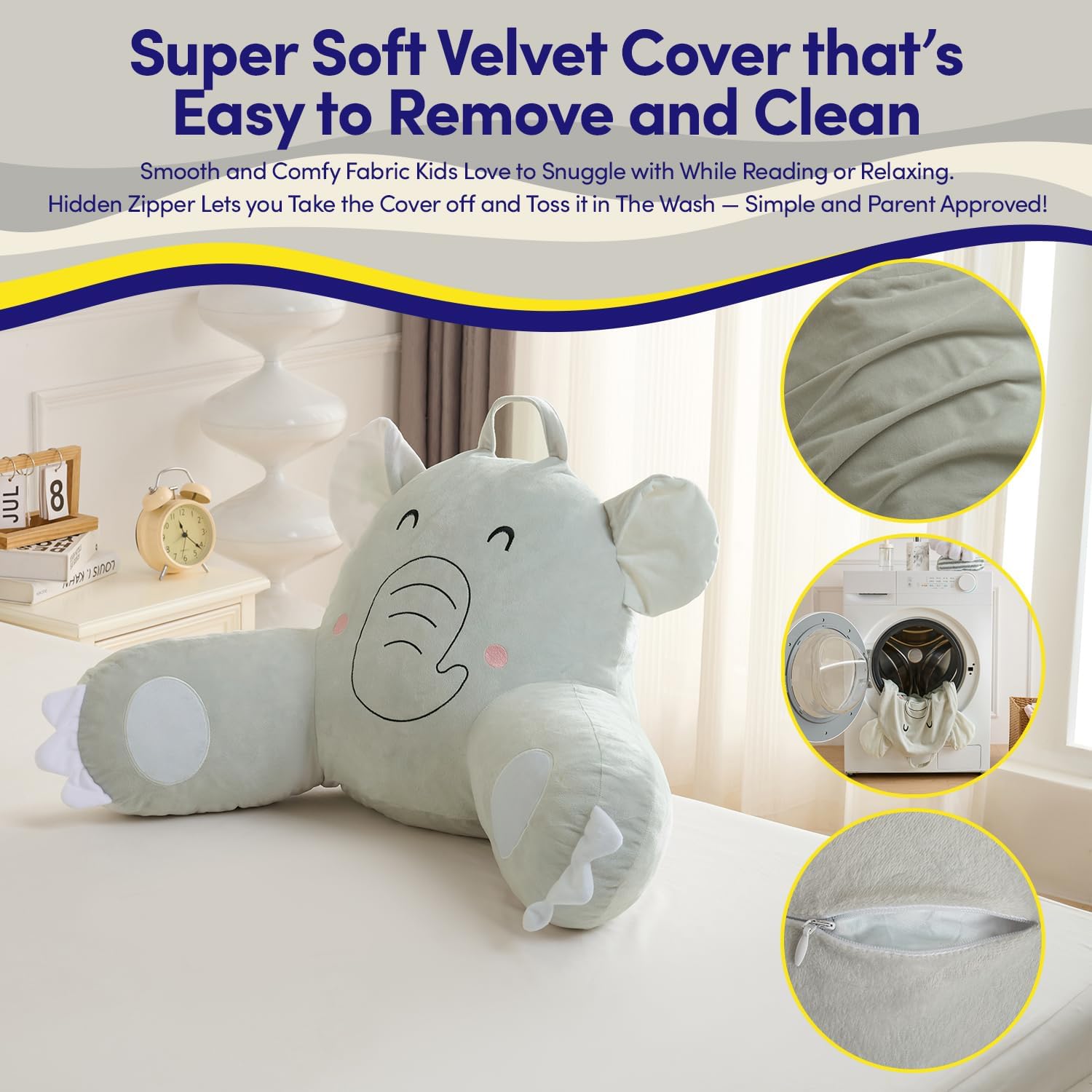 Elephant Reading Pillow for Kids & Teens with Shredded Memory Foam – Soft Velvet Lounger with Fun Character Designs, Removable Washable…