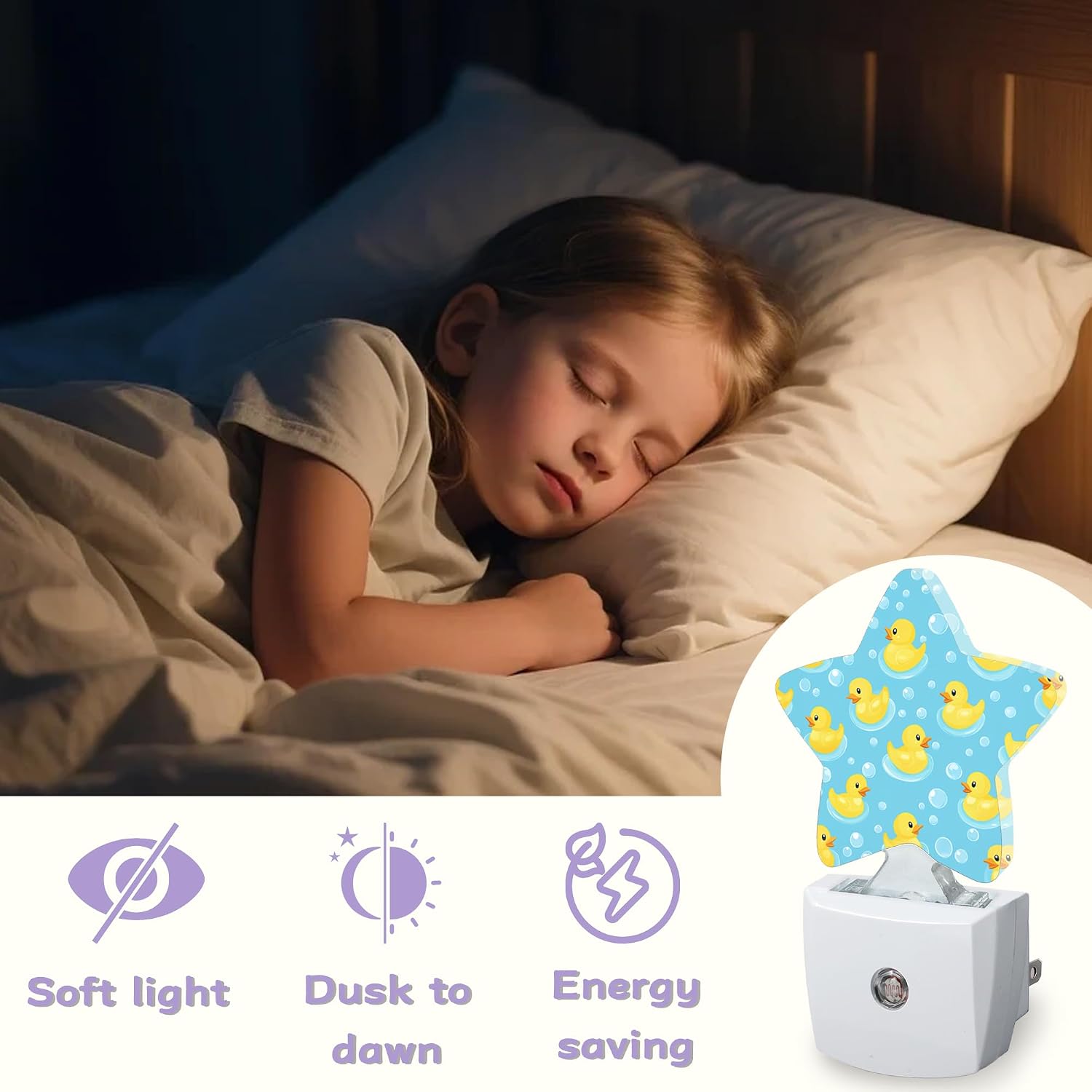 Cute Rubber Ducks Decorative Nightlight Plug in Wall, Bubbles Star Shaped Night Light with Built in Sensor for Home Decor, Kitchen Hallway…