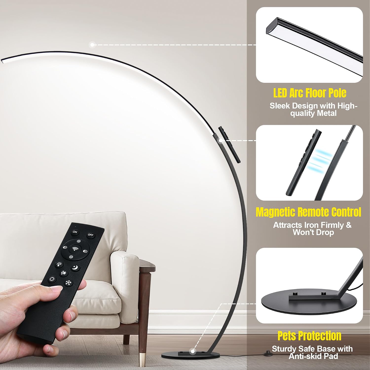 Dimmable LED Lamps for Living Room with 3 Color Temperatures, Ultra Bright 2000LM Arc Floor Lamps, Modern Standing Tall Lamp with Remote…