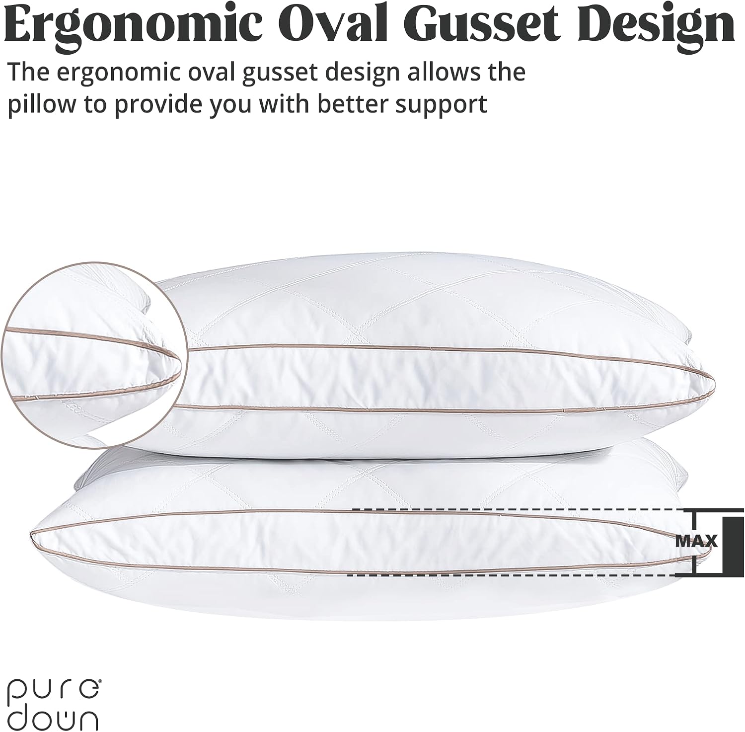 puredown® Natural Goose Down Feather Pillows for Sleeping Oval Gusseted Feather Down Pillow 100% Cotton Pillow Cover with Leaf Quilting…
